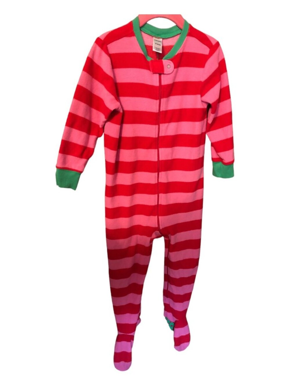 Old Navy Hot & Light Pink Stripe Footed Sleeper Green Trim Accent Zip Front 3T